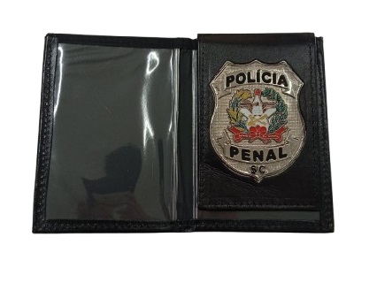 PORTA FUNCIONAL POLICIA PENAL SC COURO PRETO DISTINTIVO PRATEADO