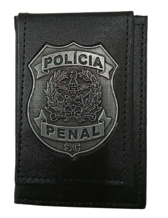 PORTA FUNCIONAL POLICIA PENAL SC COURO PRETO DISTINTIVO ESCOVADO