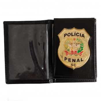 PORTA FUNCIONAL POLICIA PENAL SC COURO PRETO DISTINTIVO DOURADO