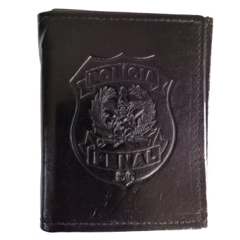 PORTA FUNCIONAL POLICIA PENAL SC COURO PRETO DISTINTIVO PRATEADO