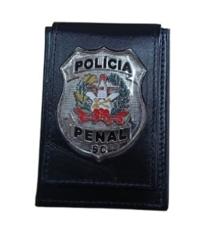 PORTA FUNCIONAL POLICIA PENAL SC COURO PRETO DISTINTIVO PRATEADO