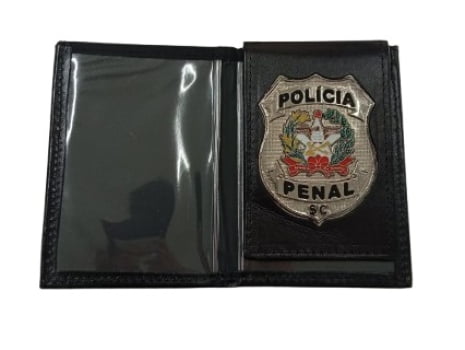 PORTA FUNCIONAL POLICIA PENAL SC COURO PRETO DISTINTIVO PRATEADO