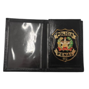 PORTA FUNCIONAL POLICIA PENAL SC COURO PRETO DISTINTIVO PRETO