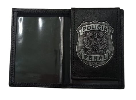 PORTA FUNCIONAL POLICIA PENAL SC COURO PRETO DISTINTIVO ESCOVADO