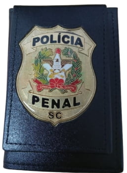 PORTA FUNCIONAL POLICIA PENAL SC COURO PRETO DISTINTIVO DOURADO FORT BRASIL 