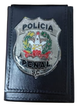 PORTA FUNCIONAL POLICIA PENAL SC COURO PRETO DISTINTIVO PRATEADO FORT BRASIL